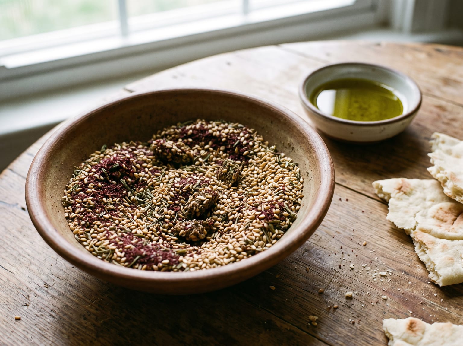 A bowl of za'atar showing pale toasted sesame seeds, deep red sumac and dried green thyme as distinguishable ingredients, with olive oil and flatbread beside it