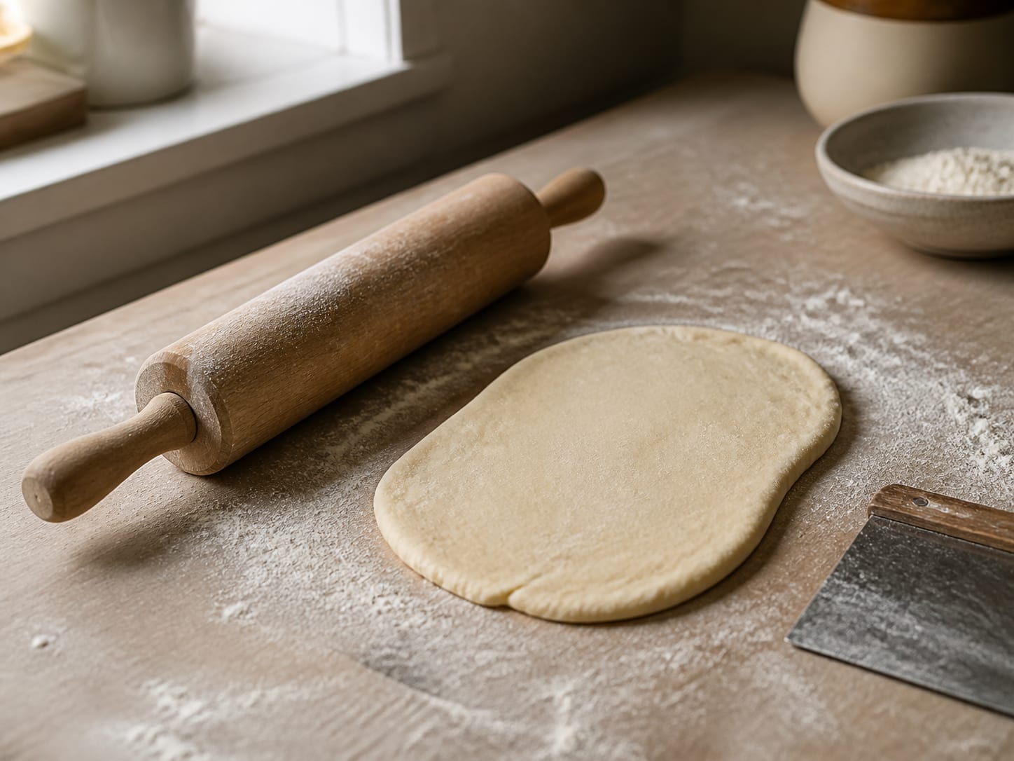 Dough rolled out on a floured counter