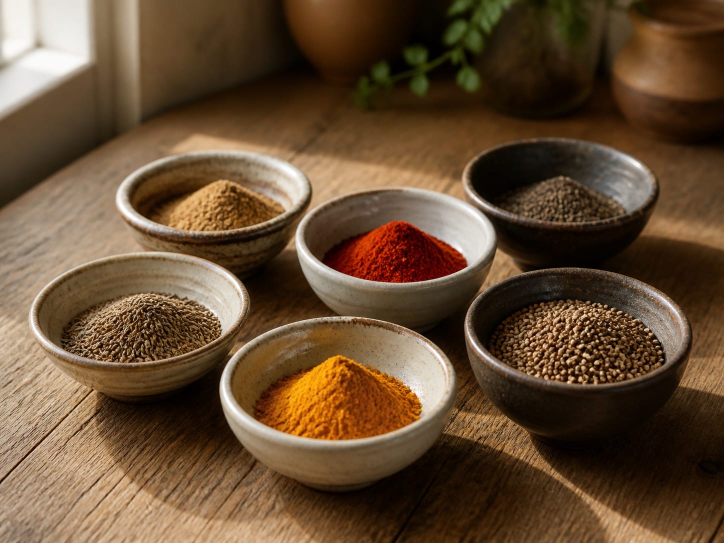 Small bowls of ground spices