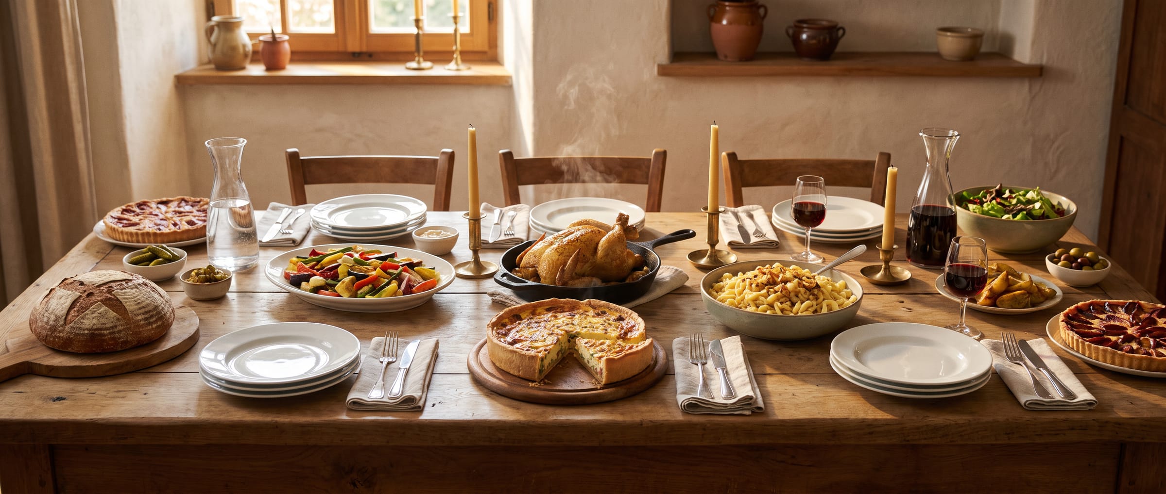 A long oak table in a farmhouse dining room, laid with a full spread of food and lit from a window